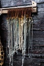 Rusty Big Game Fish Hooks Hanging With Rope Tied Royalty Free Stock Photo