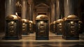 A row of safety deposit boxes in an opulent setting, one box open to reveal confidential documents Royalty Free Stock Photo