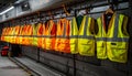 Row of safety vests hanging on hooks Royalty Free Stock Photo