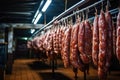 Photo of a display of hanging sausages in a market or butcher shop. Industrial smoking of sausages and meat products in a factory Royalty Free Stock Photo