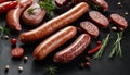 A row of sausages on a table with herbs