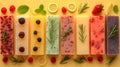 A row of scented soaps infused with natural fruits and herbs.