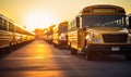 Row of School Buses Parked Alongside Road