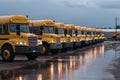 A row of school buses in the parking lot. Generative AI Royalty Free Stock Photo