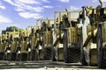 Row of scrapers and heavy equipment lined-up at a land development in Rocky View County Alberta Canada. Royalty Free Stock Photo
