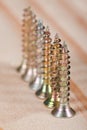 Row of screws on wood Royalty Free Stock Photo