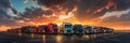 A row of semi trucks parked in a parking lot on sunset. Many trucks in panoramic image