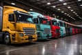 A row of semi trucks parked in a warehouse interior