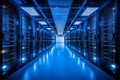 Row of server rack cabinets in a modern data center with glowing lights Royalty Free Stock Photo