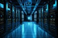 Row of server rack cabinets in a modern data center with glowing lights Royalty Free Stock Photo