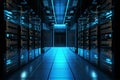 Row of server rack cabinets in a modern data center with glowing lights Royalty Free Stock Photo
