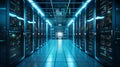 Row of server rack cabinets in a modern data center with glowing lights Royalty Free Stock Photo
