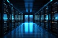 Row of server rack cabinets in a modern data center with glowing lights Royalty Free Stock Photo