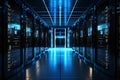 Row of server rack cabinets in a modern data center with glowing lights Royalty Free Stock Photo