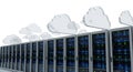 Row of server racks with cloud icons floating above them against a white background in a studio shot Royalty Free Stock Photo