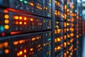 Row of servers in a modern data center facility, with racks and network equipment Royalty Free Stock Photo