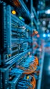 A row of servers in a server room with orange and blue lights Royalty Free Stock Photo