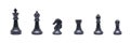 Row of set of six black chess pieces figurines standing on white background. Royalty Free Stock Photo