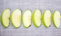 A row of several cut slices of green apple Royalty Free Stock Photo