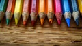 Vibrant Spectrum of Pencils Lined Up on Wooden Surface, Perfect for Artwork and Design Projects. Colorful Tools for Royalty Free Stock Photo