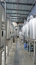 Row of shiny metal micro brewery tanks or Fermentation mash vats in Brewery factory Royalty Free Stock Photo