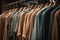 a row of shirts hanging on a rail in a store or clothing store, with a row of shirts hanging on a rail in front of them