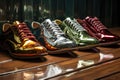 a row of shoes with shining reflections after polishing