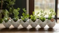 A row of six eggshells filled with dirt and sprouting herbs in an egg carton on a wooden table Royalty Free Stock Photo