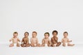 Row of six multi ethnic Babies smiling in studio Royalty Free Stock Photo