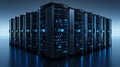 A row of sleek, modern servers stand in a data center, reflecting blue light. The servers represent data storage, technology, and