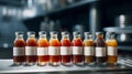 a row of small glass bottles filled with different types of sauces on a metal shelf in a modern, clean, and organized kitchen. Royalty Free Stock Photo