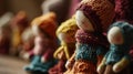 A row of small knitted dolls sitting on a shelf, AI