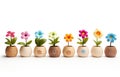 a row of small wooden pots that contain flowers Royalty Free Stock Photo