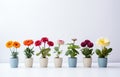 a row of small wooden pots that contain flowers Royalty Free Stock Photo