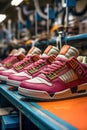 A row of sneakers in production line in big Asian shoe factory