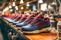 A row of sneakers in production line in big Asian shoe factory