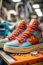 A row of sneakers in production line in big Asian shoe factory