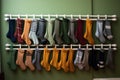row of socks drying on a radiator in a boys room