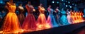 Row of sparkling LED light-embellished costumes on display, showcasing futuristic fashion with a dazzling array of vibrant