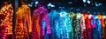 Row of sparkling LED light-embellished costumes on display, showcasing futuristic fashion with a dazzling array of vibrant