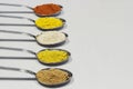 Row of spoons containing different spices powder. Clear space at right