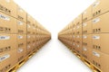 Row of stacked cardbaord boxes on shipping pallets Royalty Free Stock Photo