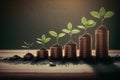 A row of stacks of coins with a plant growing out of them