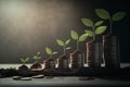 A row of stacks of coins with a plant growing out of them