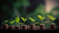 a row of stacks of coins with a plant growing out of them. Tree leaf on save money coins, Business finance saving banking investme Royalty Free Stock Photo