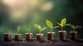 a row of stacks of coins with a plant growing out of them. Tree leaf on save money coins, Business finance saving banking investme Royalty Free Stock Photo