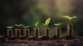 a row of stacks of coins with a plant growing out of them. Tree leaf on save money coins, Business finance saving banking investme Royalty Free Stock Photo