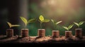 a row of stacks of coins with a plant growing out of them. Tree leaf on save money coins, Business finance saving banking investme Royalty Free Stock Photo