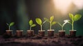 a row of stacks of coins with a plant growing out of them. Tree leaf on save money coins, Business finance saving banking investme Royalty Free Stock Photo