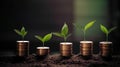 a row of stacks of coins with a plant growing out of them. Tree leaf on save money coins, Business finance saving banking investme Royalty Free Stock Photo